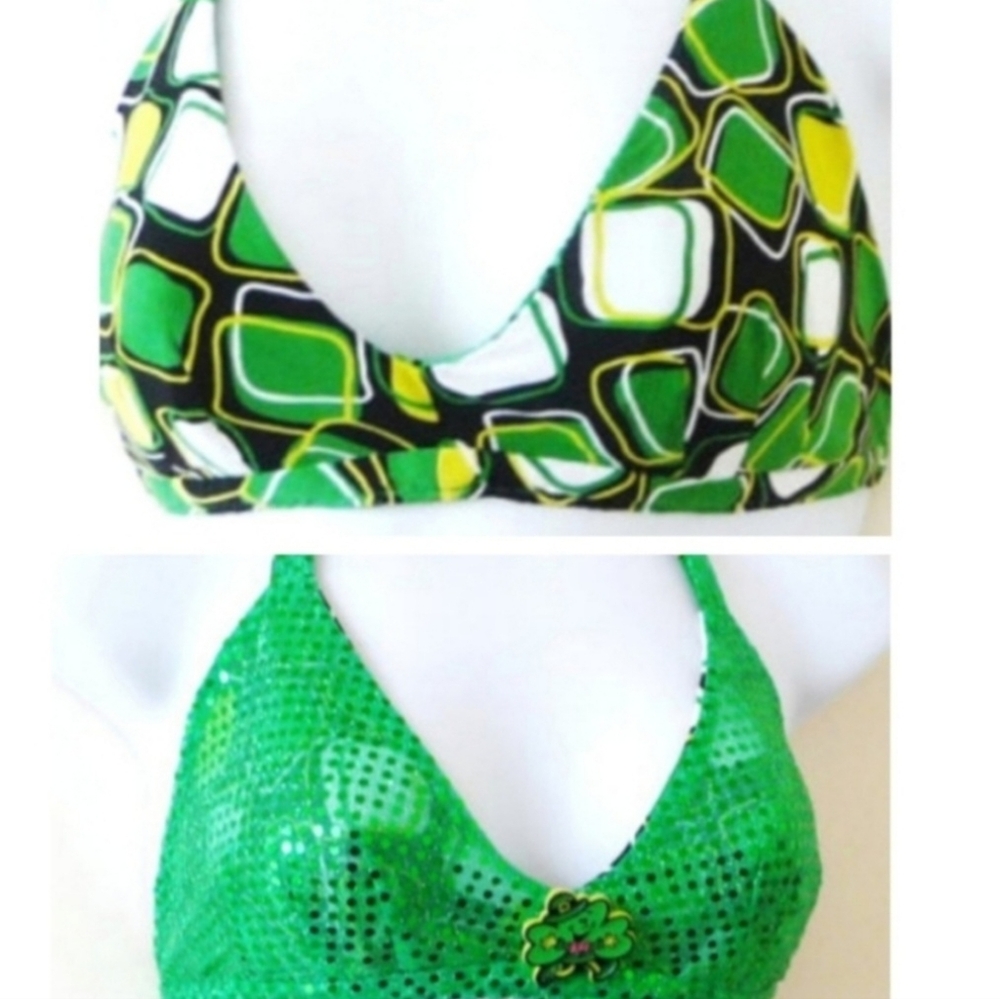 *Reversible" Bralette Bikini 60s Disco Kelly Green☘️ Geometric Sparkle Hand Made